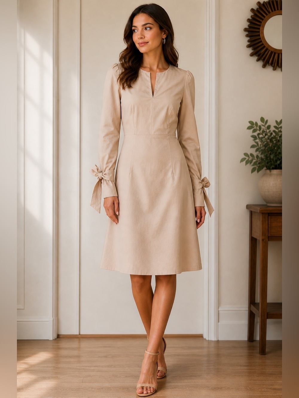 EVIDNT Beige long sleeve knee length dress with statement bow sleeve